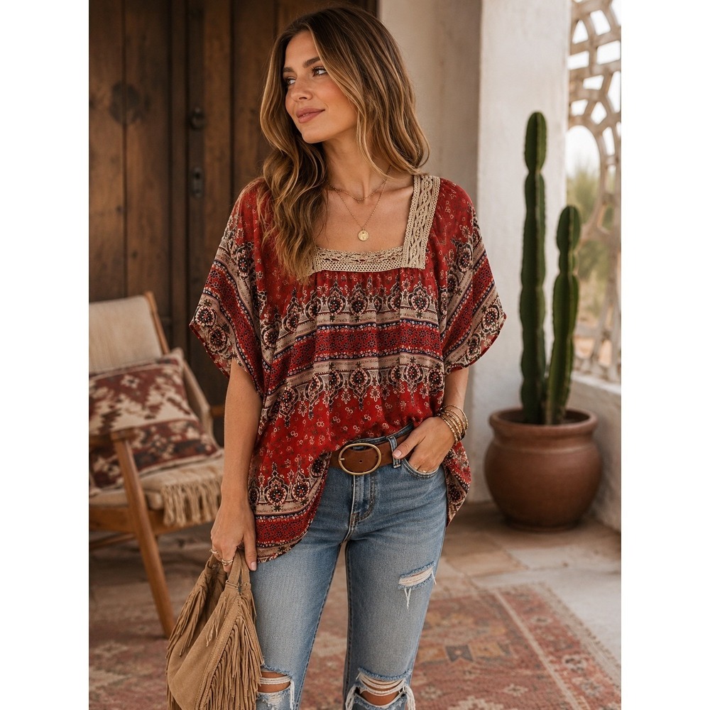 Krazy Kat Women's ExLarge Red Boho Peasant Top Crochet Square Neck Floral Fairy